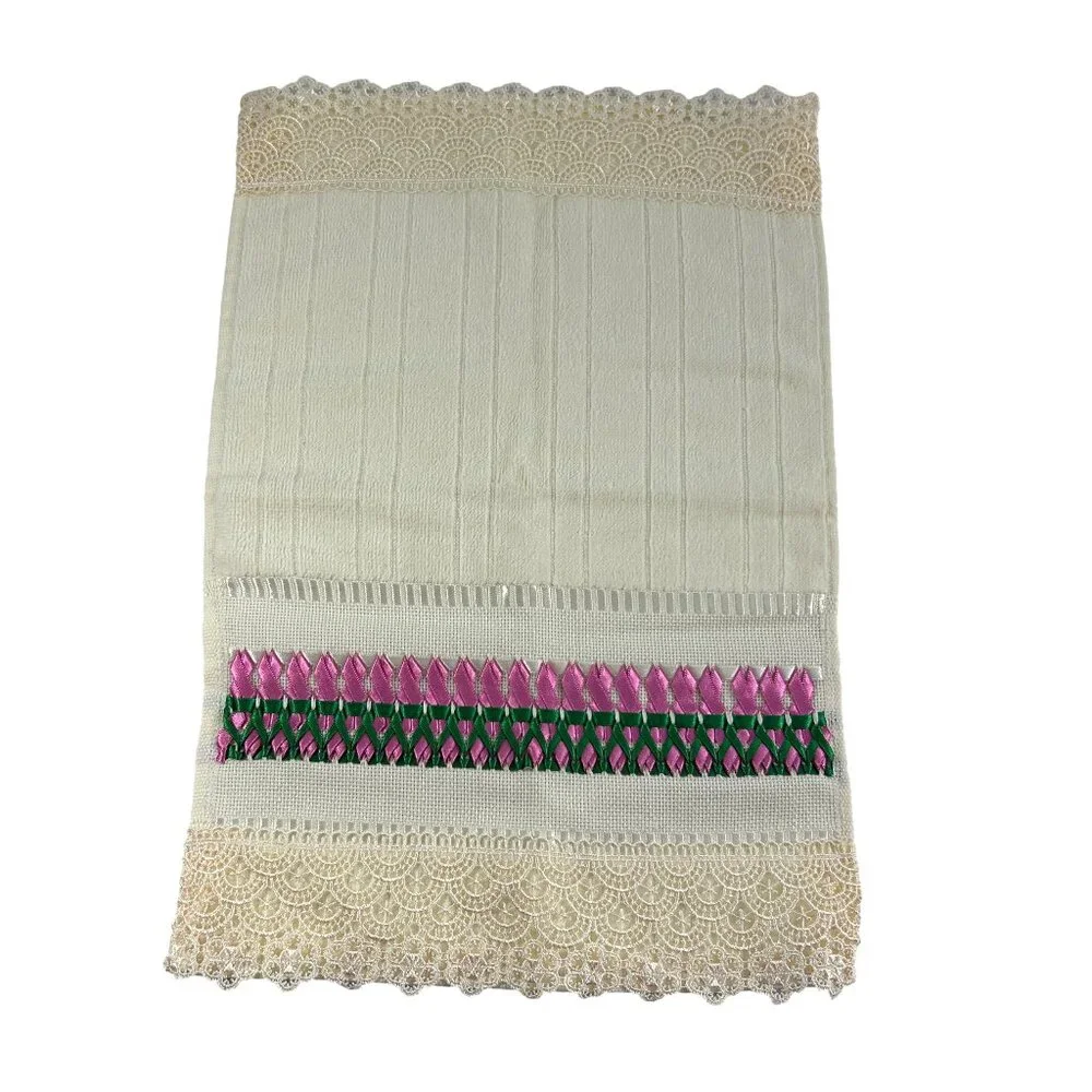 Dohler Ivory Hand Towel Crochet Hem Embellished Pink Green Ribbon 18